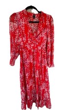 SHEIN Red White Purple Floral Maxi Dress V-Neck Ruffle Long Puff Sleeve S