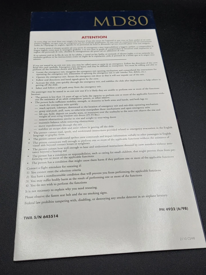 Lote de 3 tarjetas de instrucciones de seguridad TWA Trans World Airways MD 80 / Boeing 757 Foto 4 de 4