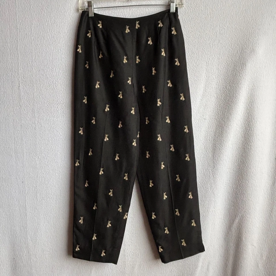 Talbots Black 100% Silk Tan Tassel Embroidered Ankle Pants Size 4P