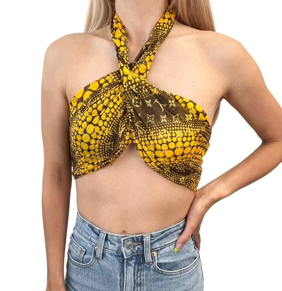 LOUIS VUITTON Vintage LV Logo Monograma Bufanda Envoltura Chal Accesorio Punto Amarillo Foto 4 de 4