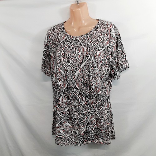 Liz Claiborne Top Blouse Shirt Women Size XL White Paisley Round Neck