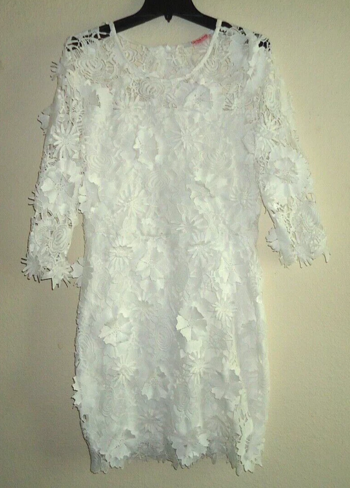 CKLASS Moda-line Maravilloso Vestido Blanco Floral Encaje Forrado Talla-L/G Foto 2 de 4