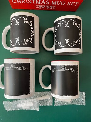 CHALKBOARD Blessings Christmas Set of FOUR Coffee Tea Cups Mugs BOX Write NAMES