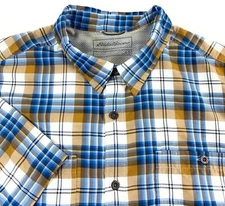Eddie Bauer Men's Button Front Nylon Blend Blue Brown Check Outdoor Shirt XL