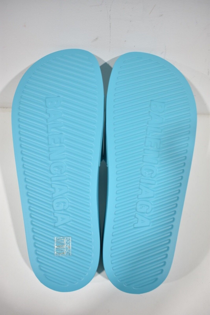 Balenciaga Aqua-Turquoise Logo Slide Sandals display picture 1