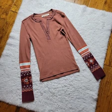 We The Free Mikah Thermal Henley Top Women's XS Fair Isle Sleeves Notch Neck Top