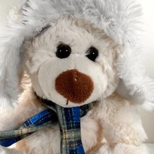 Hugfun Hug Fun 8" Beige Cream Stuffed Plush Teddy Bear Blue Plaid Hat Cap Scarf