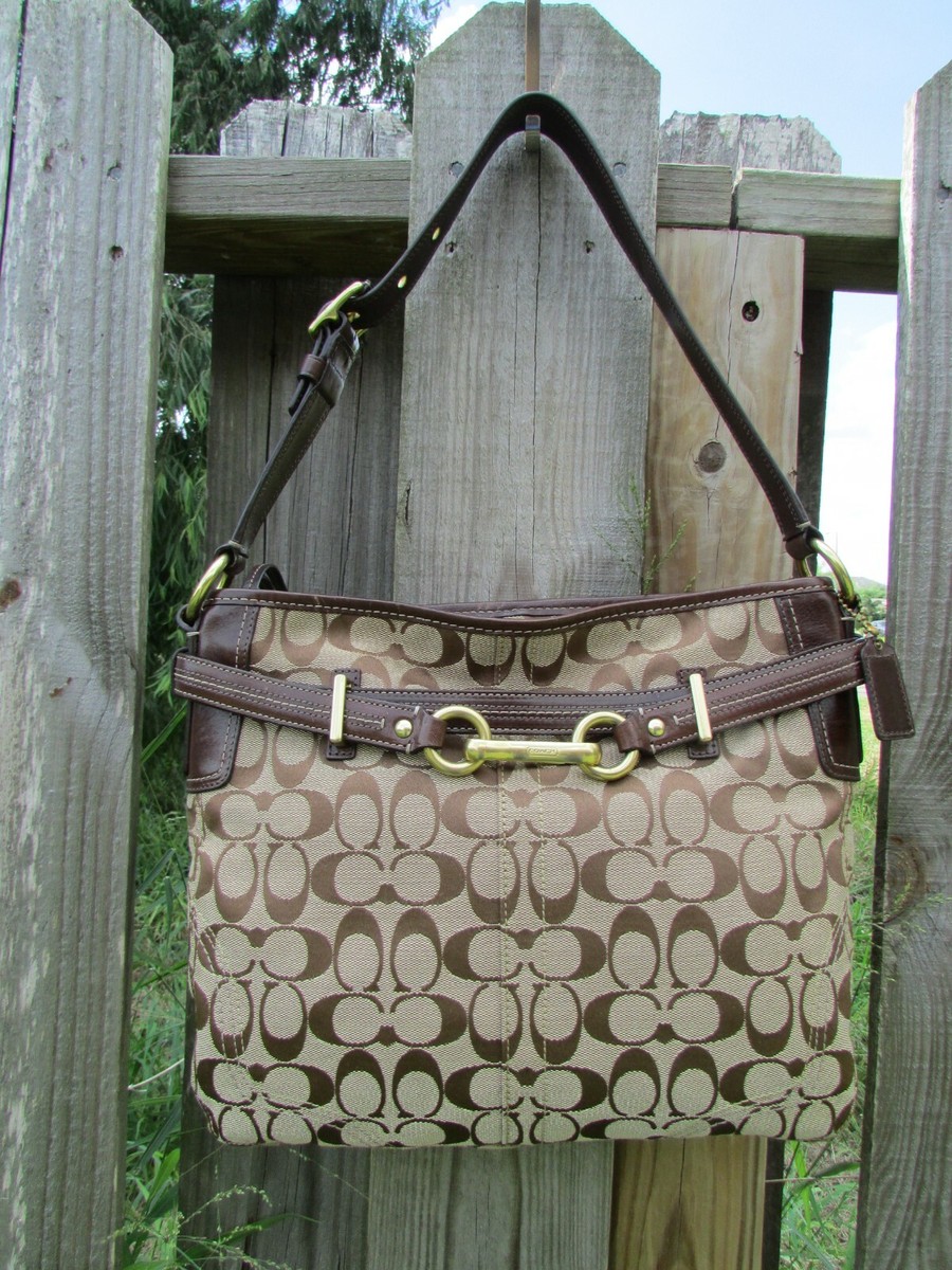 Coach Hamptons 12469 Signature Brown Leather Jacquard Khaki Hobo