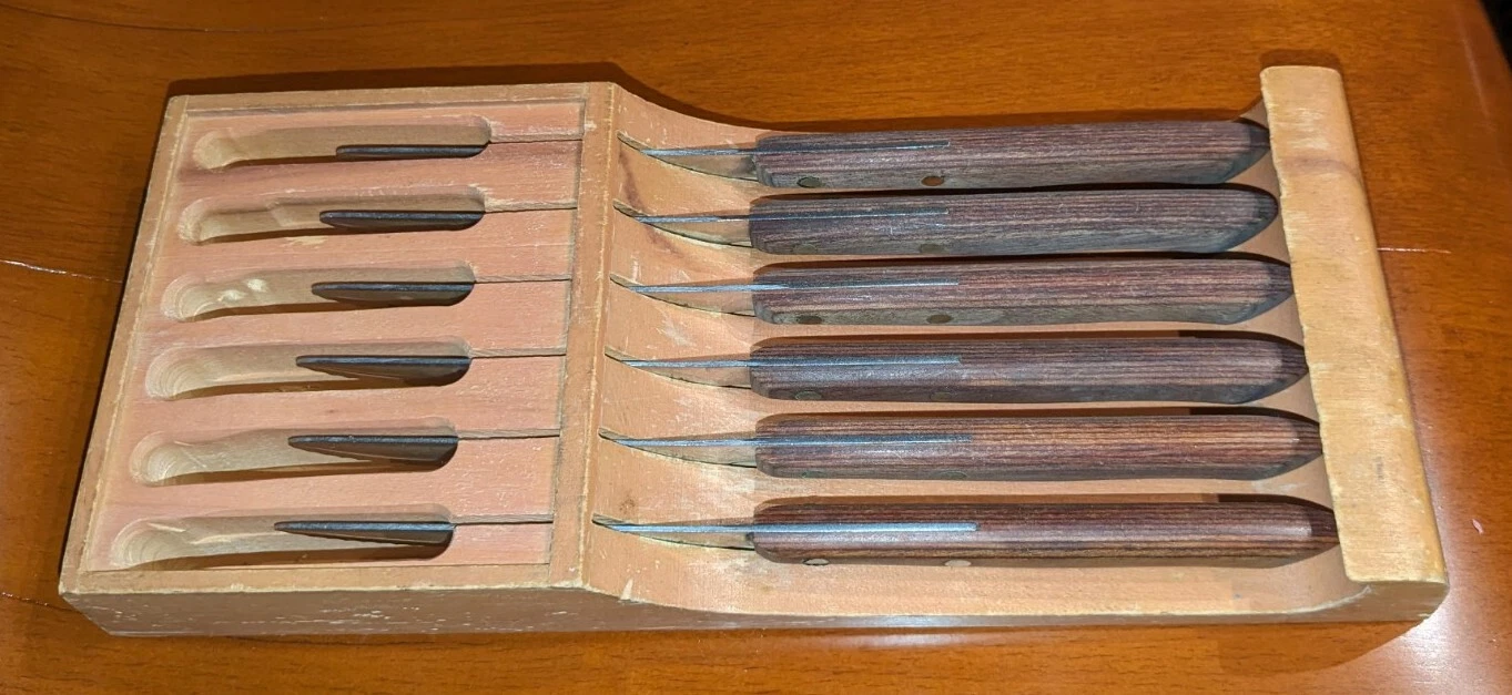 Vintage Flint Vanadium Stainless Steel 6 Knife Set Wood Wall Block USA