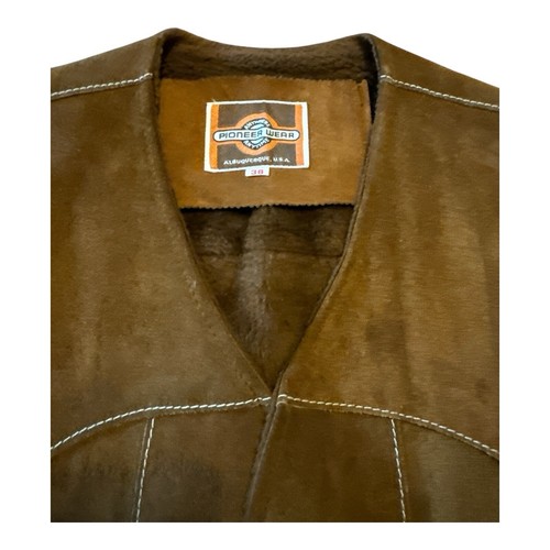 Pioneer Wear Vest Leather Men's 38 Vintage Wool Lined Sherpa Cowboy Western USA - Picture 2 of 3