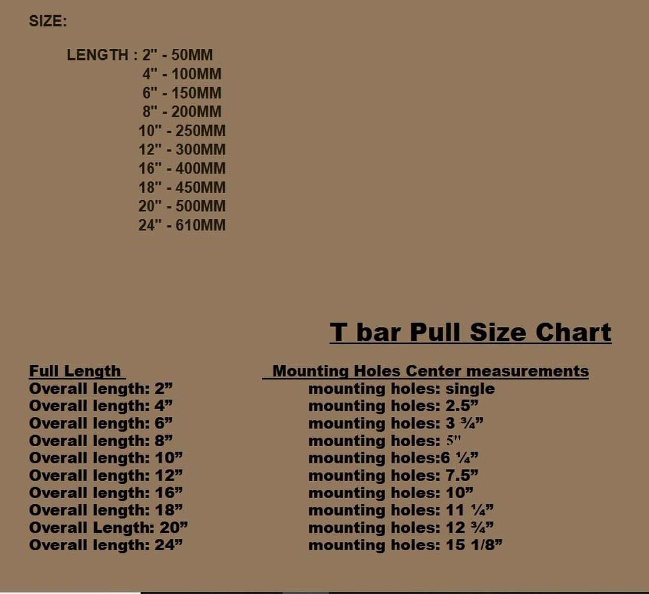 T Bar Size Chart