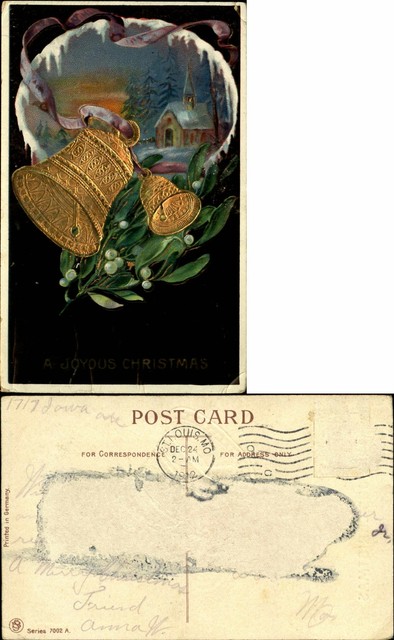 Christmas~ gold bells country church night mistletoe ...