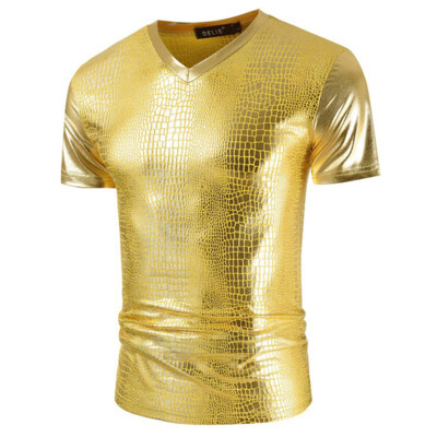 Herren Metallic Kurzarm Shirt T-Shirt V-Ausschnitt Slim Showman Party