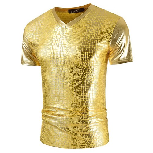 Men Metallic Shiny Short Sleeve T-shirt Showman Tops Shirt Dance Gilding Fashion - Picture 4 of 14
