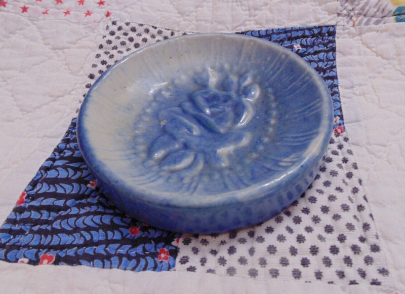Antique Molded Stoneware Blue Salt Glaze Soap Dish Rose in Beaded Medallion