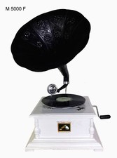 Deluxe White Gramophone Player 78 rpm phonograph Brass Horn HMV Vintage Wind Up