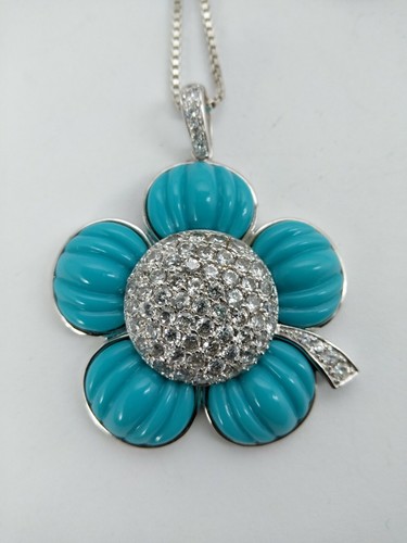 Ross Simons Simulated Italian Turquoise CZ Flower Necklace Pendant with Chain - Picture 4 of 8