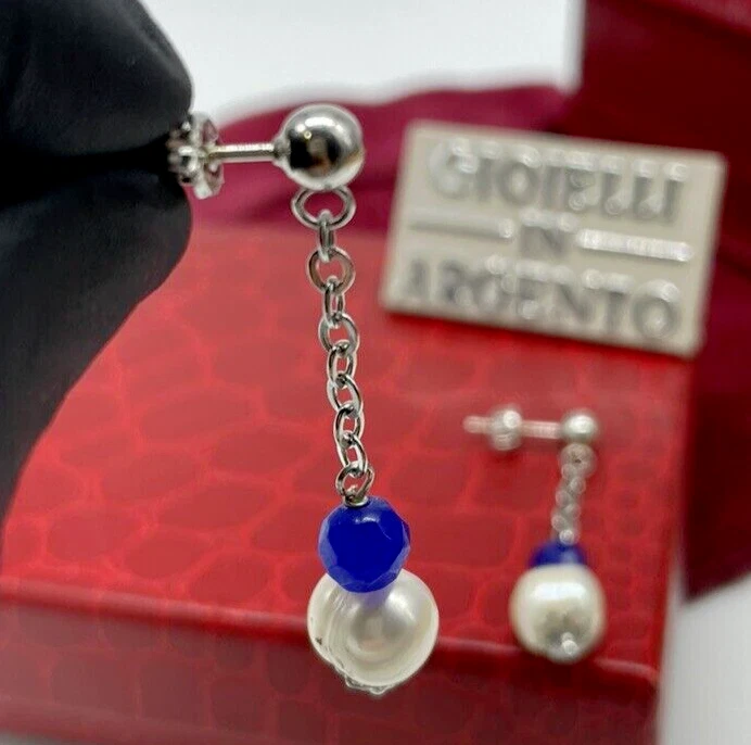 Orecchini di perle pendenti naturali bianche pietre blu argento925 vintage donna - Immagine 3 di 4