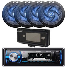 Pyle Single DIN Marine Bluetooth Receiver w/Cover, 4x 4" 100W Blue LED Speakers