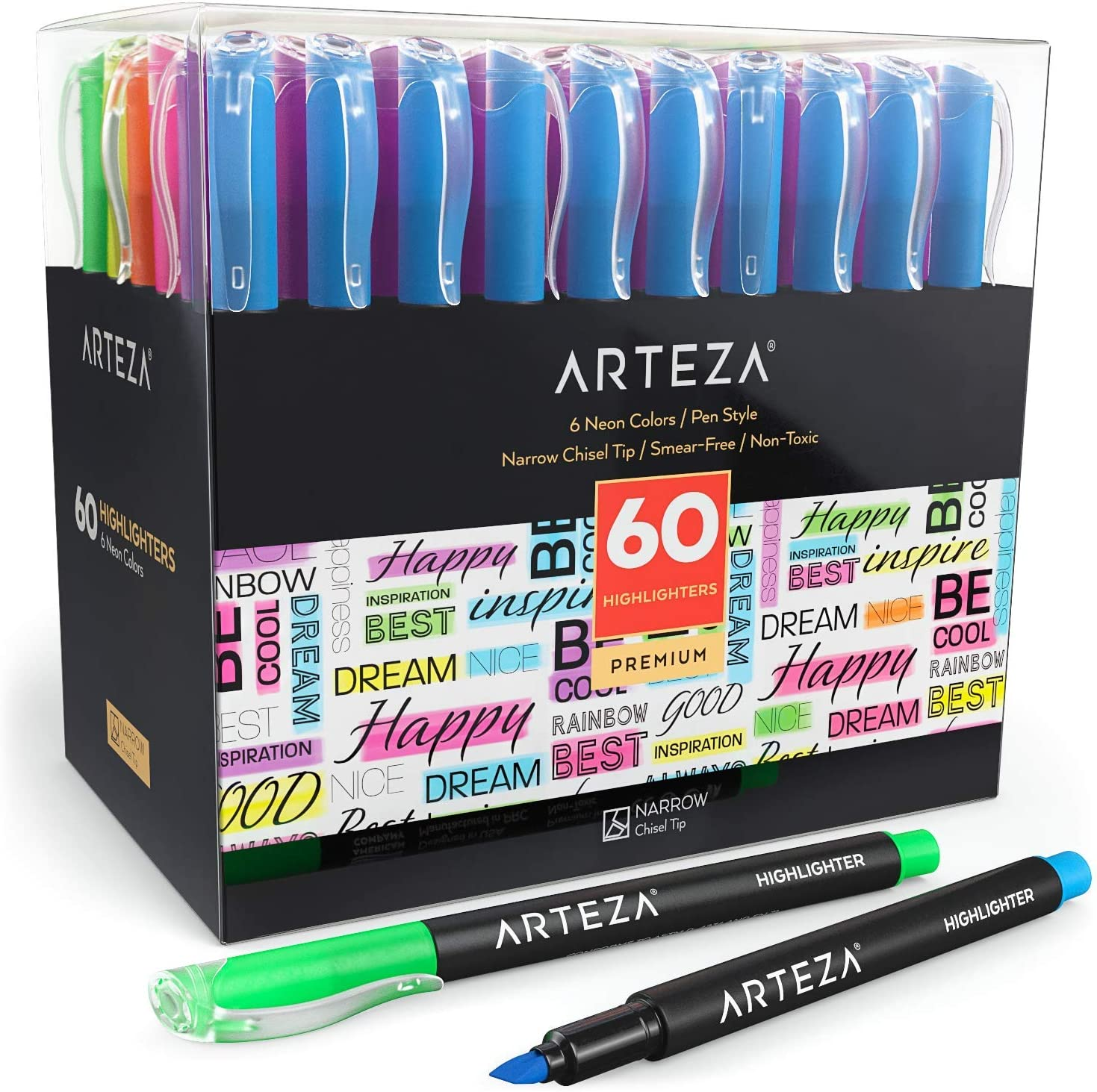 ARTEZA Highlighters Assorted Colors, Markers Set of 60, Narrow Chisel Tip, Bulk-image