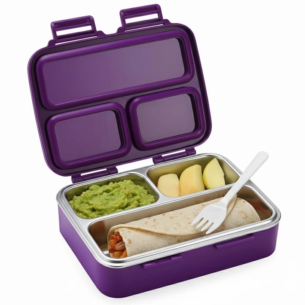 Large Bento (22.3x17.5cm) - 3-Compartment Lunch Container, Leak-Proof with St...