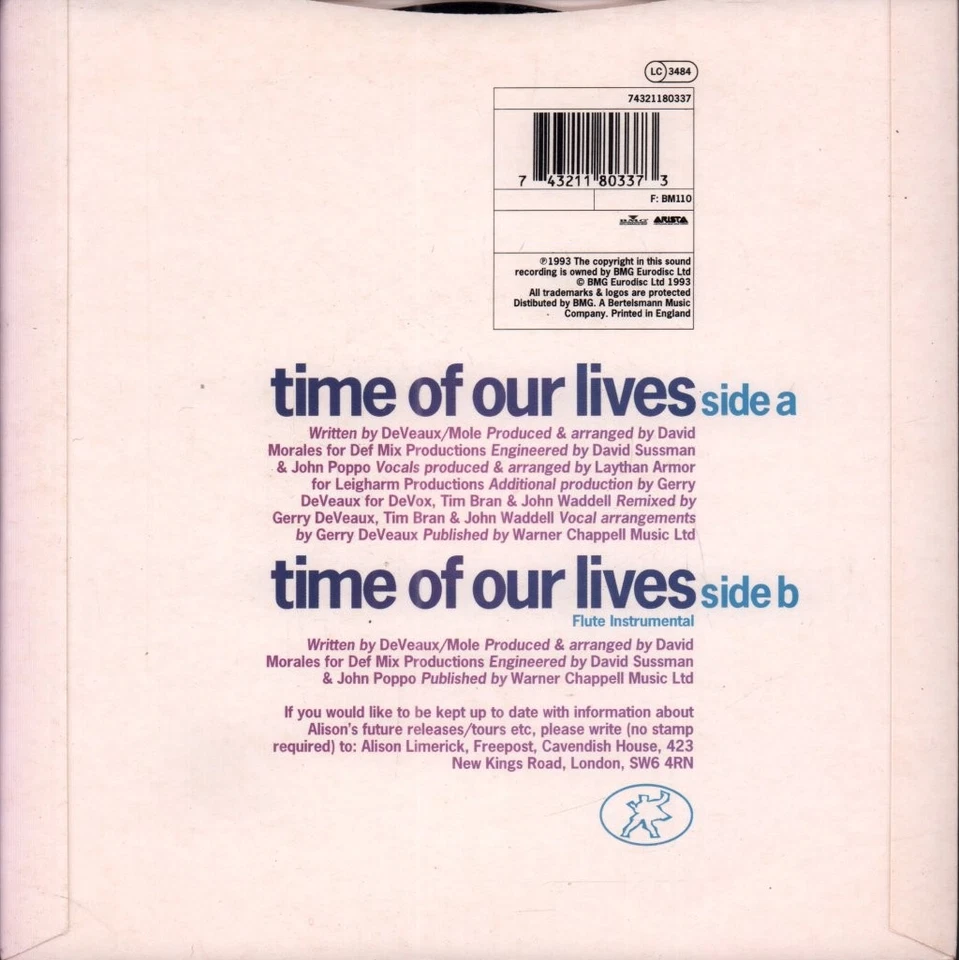 Alison Limerick Time of Our Lives 7" vinyl UK Arista 1993 large centre silver - Image 2 of 3