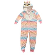 Girls Unicorn One Piece Pajama Pastel Rainbow Fleece Hooded XS 4/5 NWT