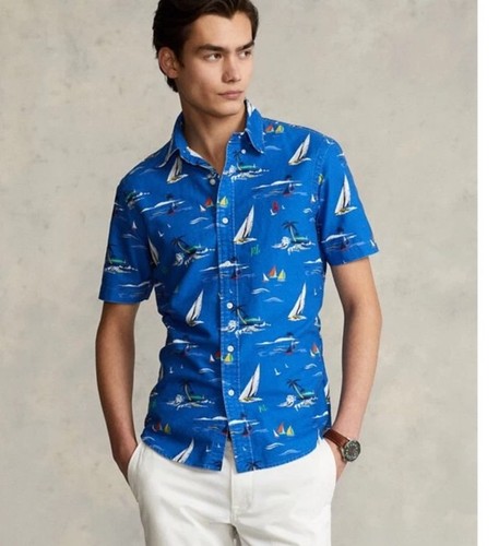 Polo Ralph Lauren Button Down Shirt Boys M 10-12 Navy Sailboat All Over Print - Picture 2 of 13