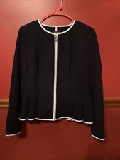 TOMMY HILFIGER Women's Peplum Full Zip Collarless Blazer/Jacket/Top Sz 12 Blue