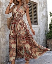 Breezaya Paisley Print Big Hem Swing Dress Sz XL Shein Boho V-Neck Smocked Maxi