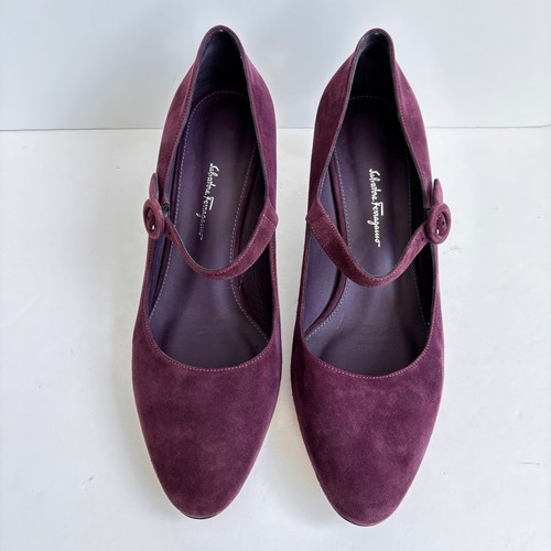 Salvatore Ferragamo Suede Mary Jane Pumps Block Heel Burgundy Size 10 C Narrow - Picture 6 of 14