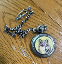 Silver Full Hunter Wolf Pocket Watch w/ Chain, White Dial, Arabic Numerals