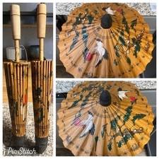 Two Vintage Japanese Paper Umbrellas Parasol Rice Paper Oil Bamboo Painted 26"