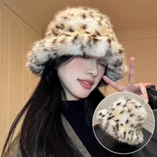 Plush Leopard Bucket Hats Thickened Fluffy Bucket Cap for Women Men Faux Fur Ca↔