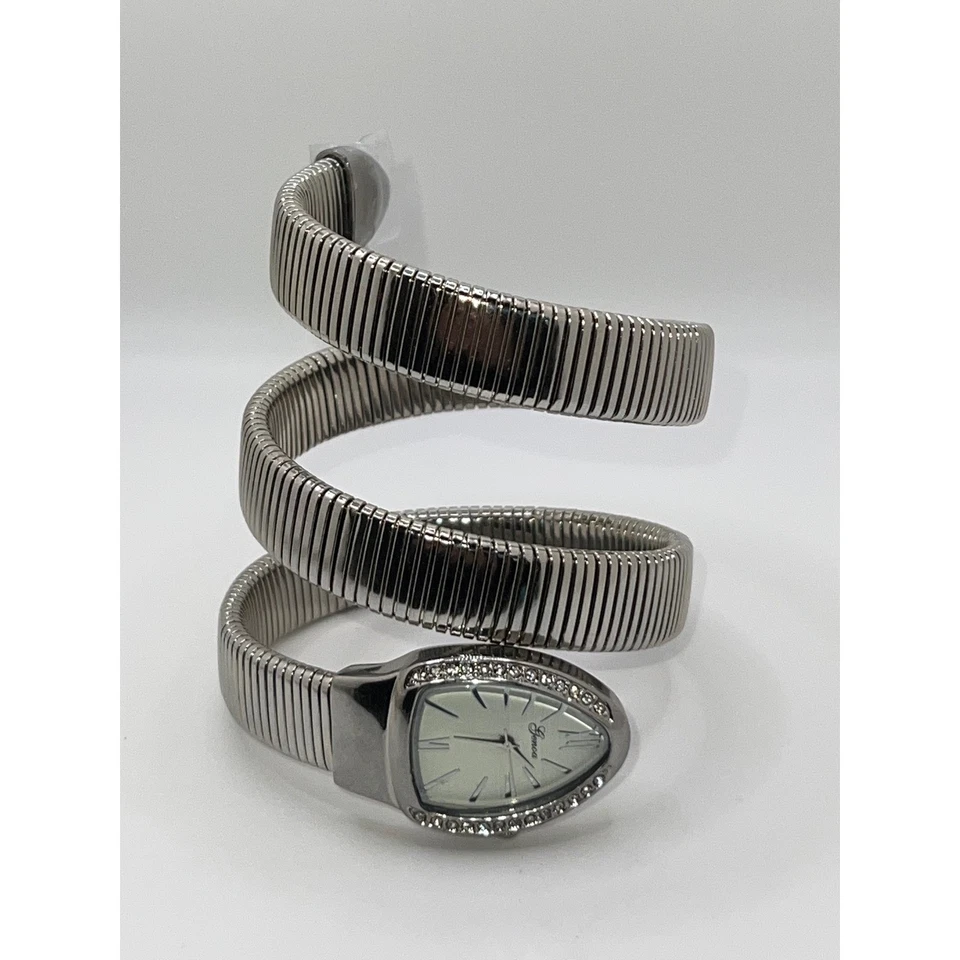Silver Tone Snake Coil Wrap Around Genoa Watch Rhinestone Bezel Elegant - Image 4 of 4