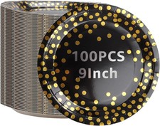 AKOLAFE 100 X Black Paper Plates 9Inch and Gold Party Paper...