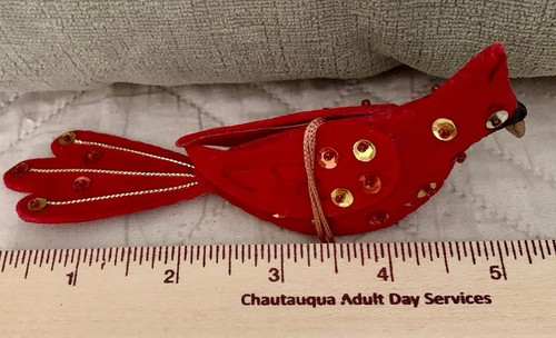 Red Felt Cardinal Christmas Holiday Ornament handmade Bird with Sequins - Picture 7 of 8