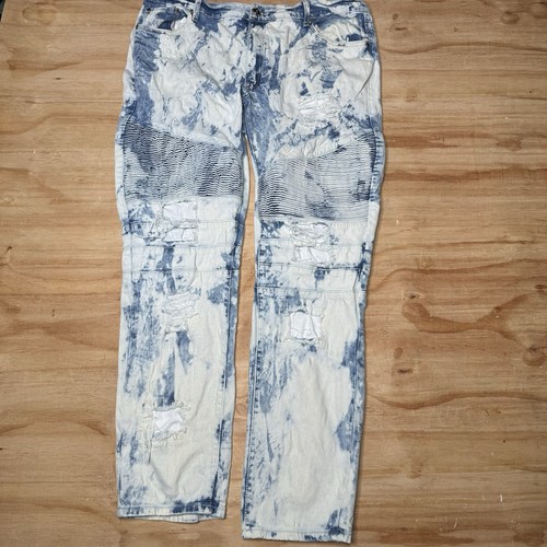 Reason Jeans Mens 36x32 Stone Wash Patches Slim Stretch Biker Moto Denim Torn - Picture 2 of 10
