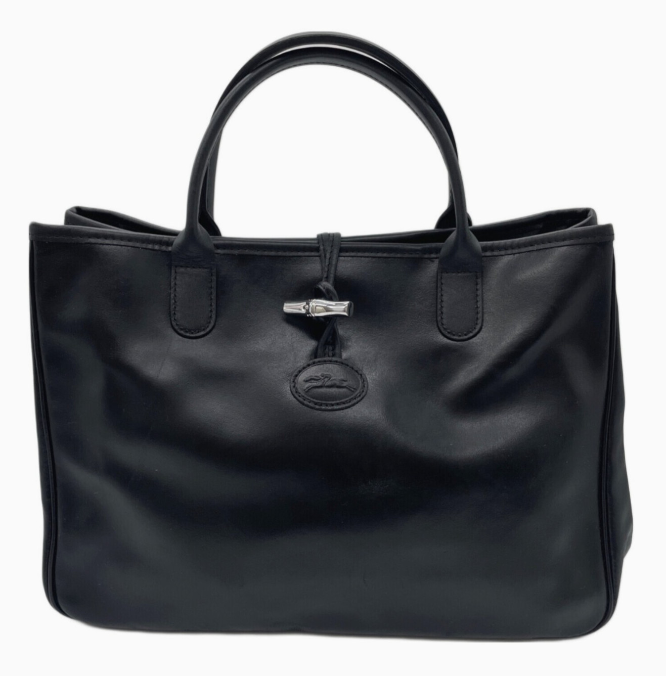 Longchamp Roseau Tote Bag Black Leather Toggle Handbag W 13.0 in Authentic