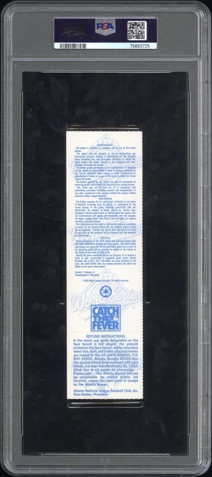 1992 World Series Game 7 Phantom Full Ticket Toronto Blue Jays PSA 8 POP 1 - Image 2 of 4