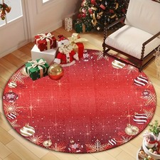  Red Large Round Christmas Mat-Golden Snowflakes Holiday Decor Mat w/Anti-Slip B