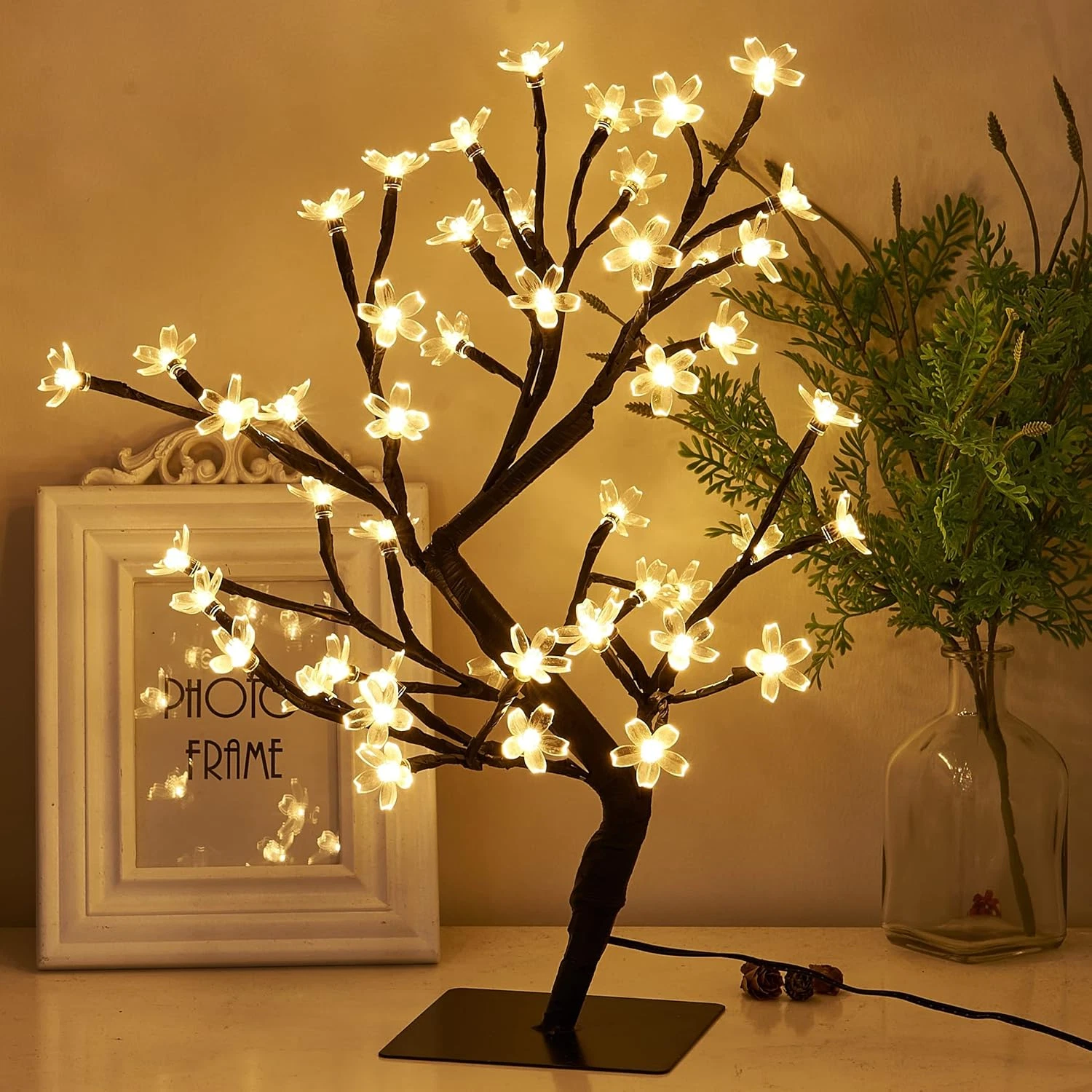 17.5 Inch Lighted Cherry Blossom Tree, 48 Warm White Lights Plug in Adapter, Lig