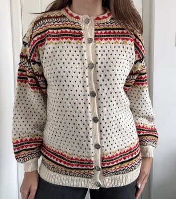 Norsk Husflid Handknitted Norway Pure Wool Fair Isle Cardigan M L Norwegerstrick
