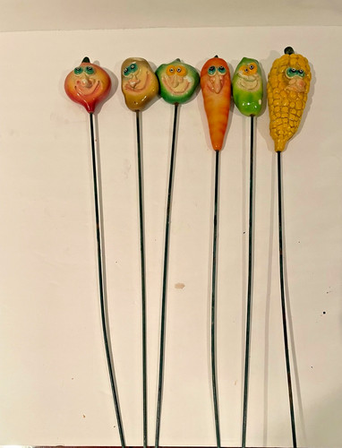 Vintage Anthromorphic Vegetable Garden Stakes Set of 6 Corn Carrot Beet Potato
