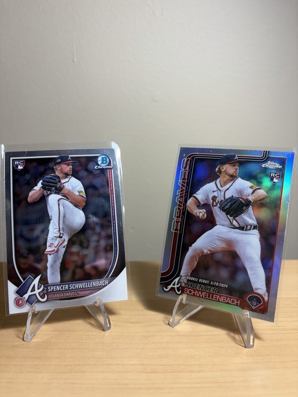 2025 Topps Chrome/Bowman Chrome Spencer Schwellenbach Refractor Rookie Cards.