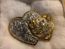 Vintage Crumrine Double Heart Design Belt Buckle 2 1/2" x 3 3/8" Made in USA