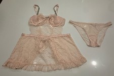 Victoria  s Secret Lingerie Apron Dress Set Pink Lace Rhinestone Strap Babydoll M