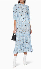 New Rixo London Monet Blue Leopard Daisy Midi Tiered Dress Size S