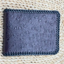 Genuine Ostrich Skin Leather Bifold Men's Handmade Burgundy Black Trim