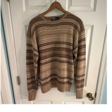 Polo Ralph Lauren Men's M Knit Sweater Brown Beige Striped Crewneck Pullover